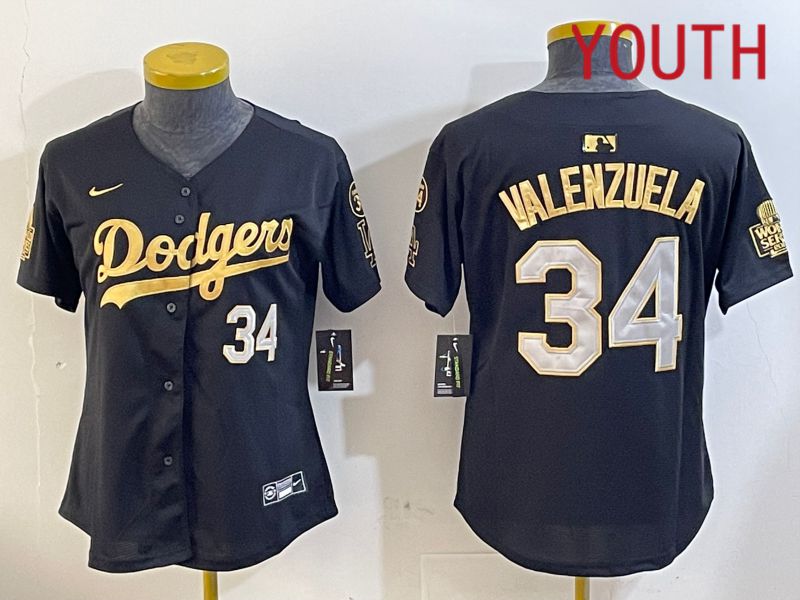 Youth Los Angeles Dodgers #34 Valenzuela 2024 World series patch black jersey 202411201->youth mlb jersey->Youth Jersey
